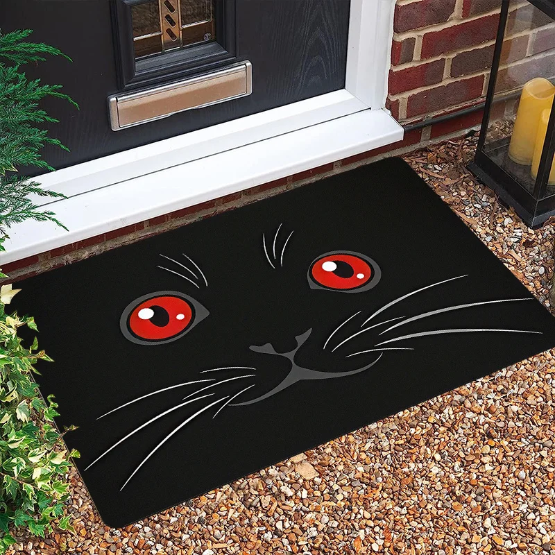 Black Cat Doormat, Red Eyes Funny Kitten Face Entrance Rug, Halloween Pet Floor Mat, Non-Slip Home Decor for Entryway