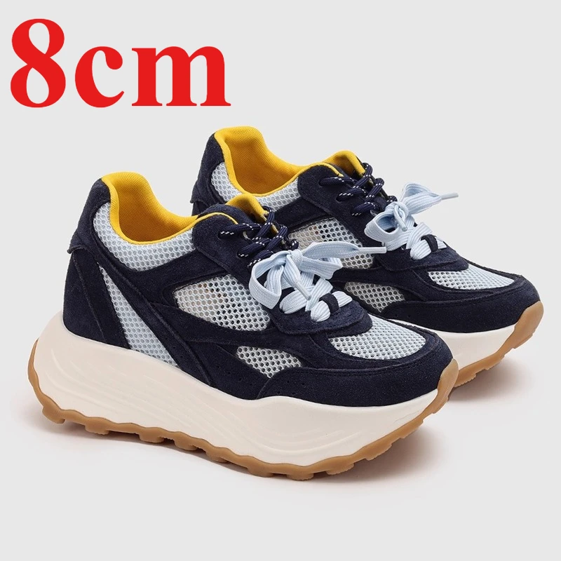 

Дизайнерская обувь, увеличивающая рост для женщин, повседневные кроссовки 8 см, сетчатая замша из коровьей кожи, дышащая толстая подошва, спортивная обувь для папы