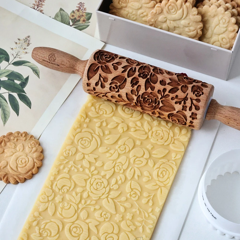 Rose Flower Pattern Rolling Pin Roller Wooden Embossing Fondant Biscuit Cookie Mold Hand Pressure Sugarcraft Baking Accessories