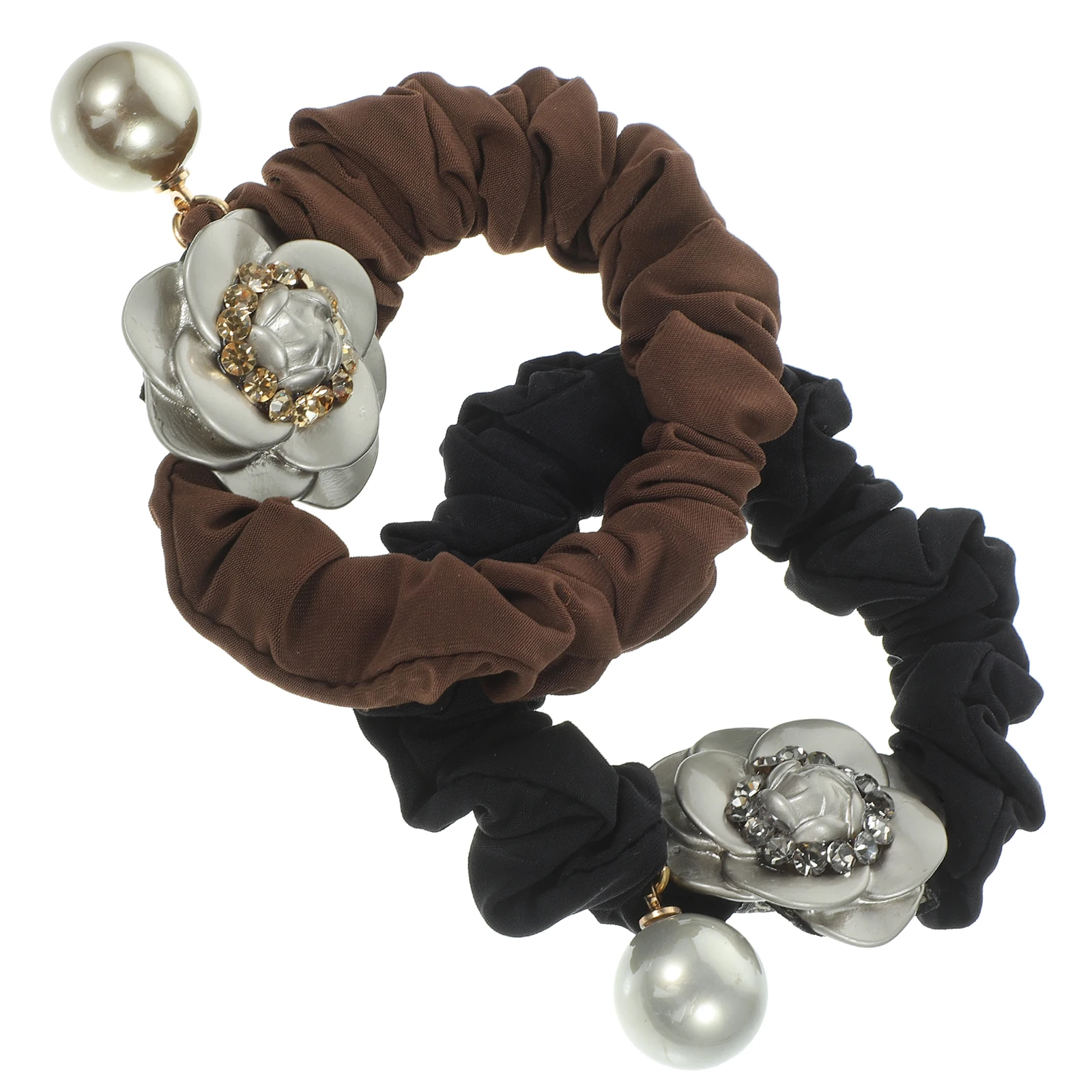 

2 Pcs Flower Rhinestone Hair Ties Black Brown Ponytail Holders Women Scrunchies Hair Accessories Styling Tools Travel