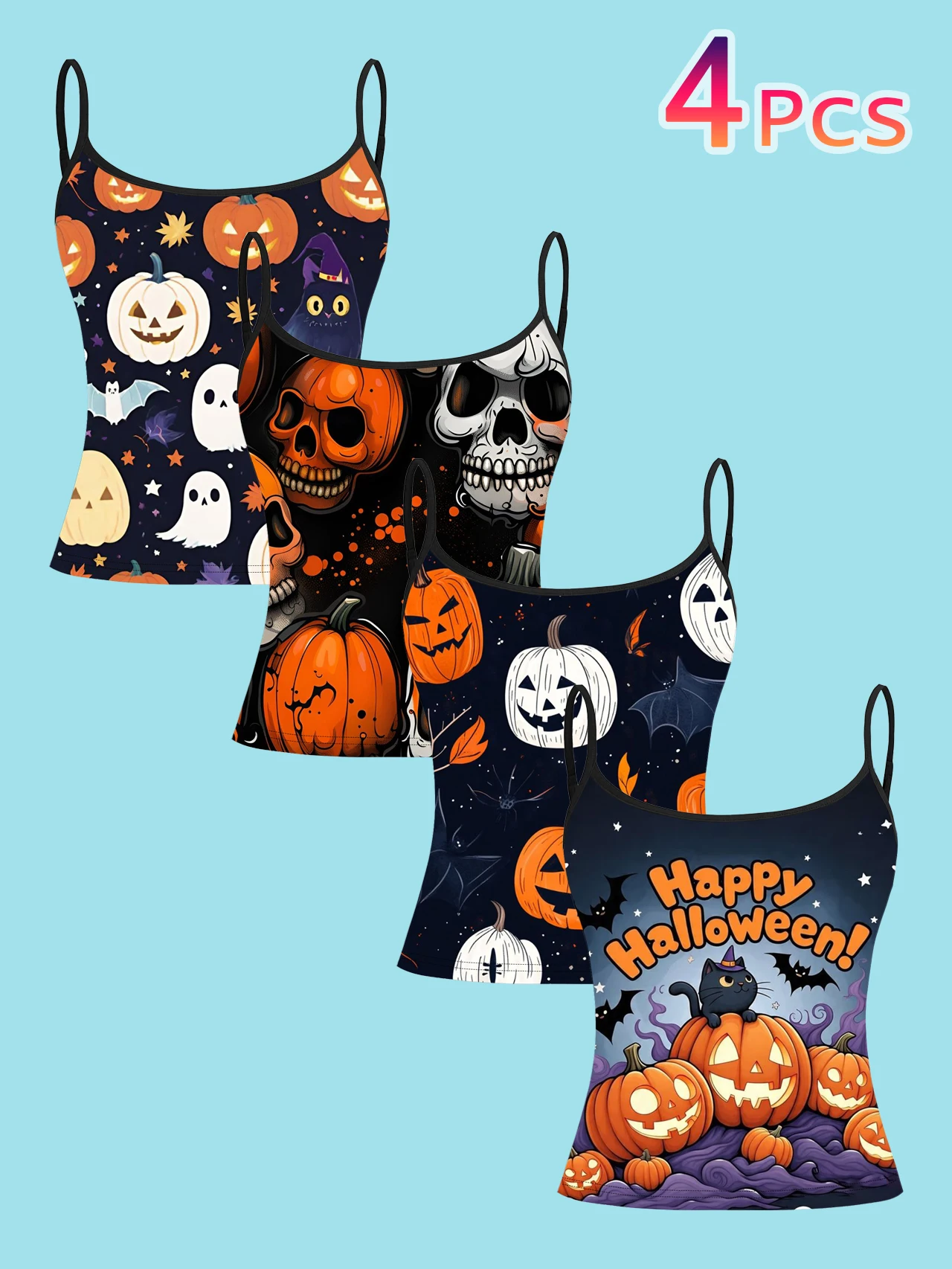 4-Piece Set of Halloween Cartoon Pumpkin Ghost Black Cat Women's Camisoles with Full Print of Skulls, Bats, and Stars, Slim-Fit Spaghetti Strap Short Camisole Tops