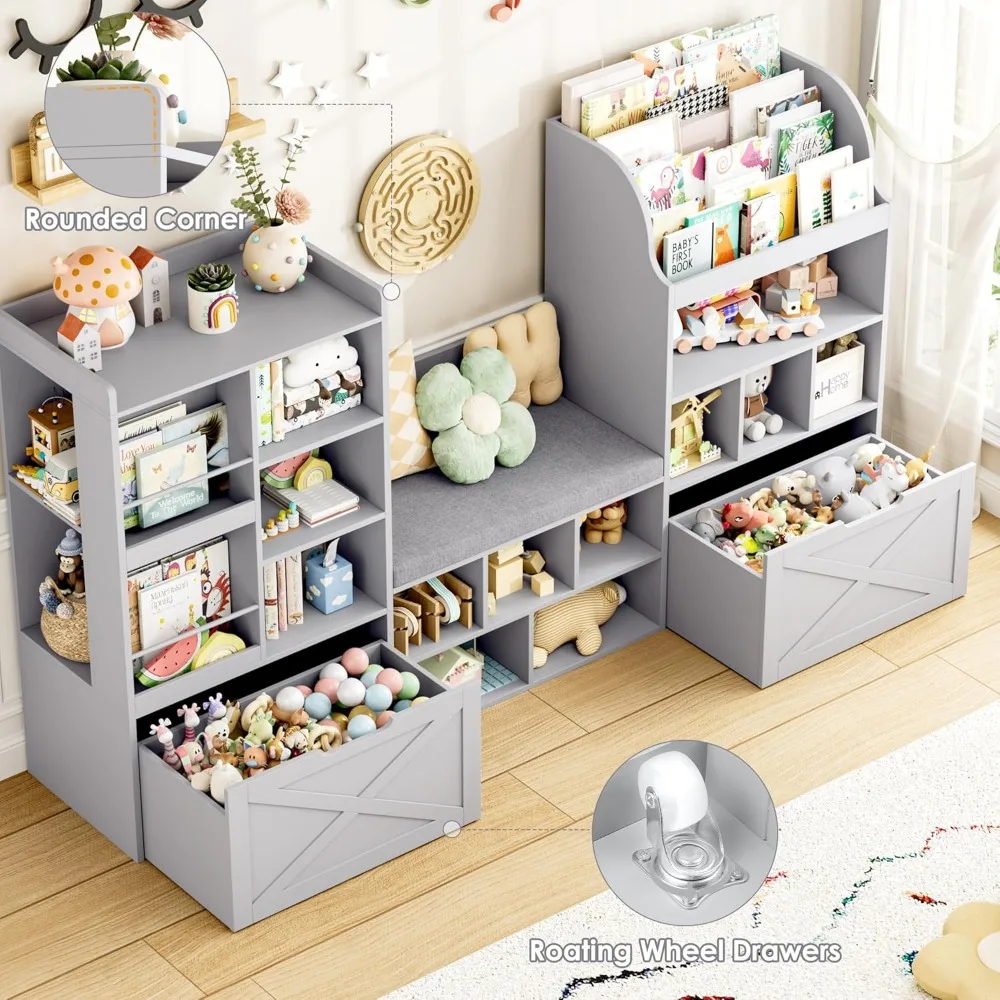 Grande organizador de armazenamento de brinquedos com ângulo de leitura e almofada de assento para crianças, estante de 75 polegadas de largura com 2 gavetas móveis