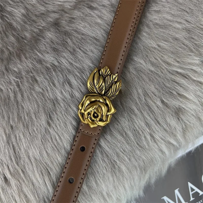 ผู้หญิง Vintage Rose Buckle ของแท้หนังรัดตัวหญิง Cummerbund Coat เข็มขัดชุด Decration เข็มขัดแคบ J1400