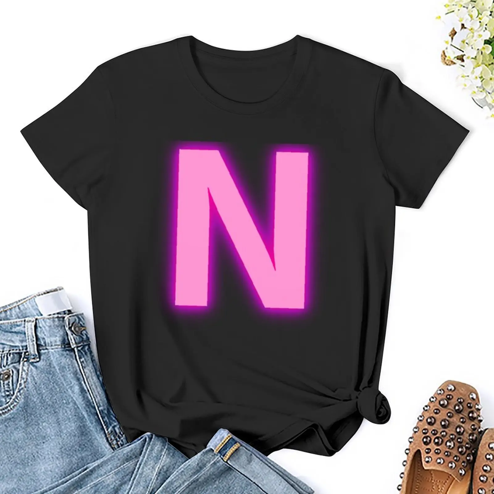 Letter N Pink Neon Lights T-Shirt Blouse customs funny workout t shirts for Women image 5