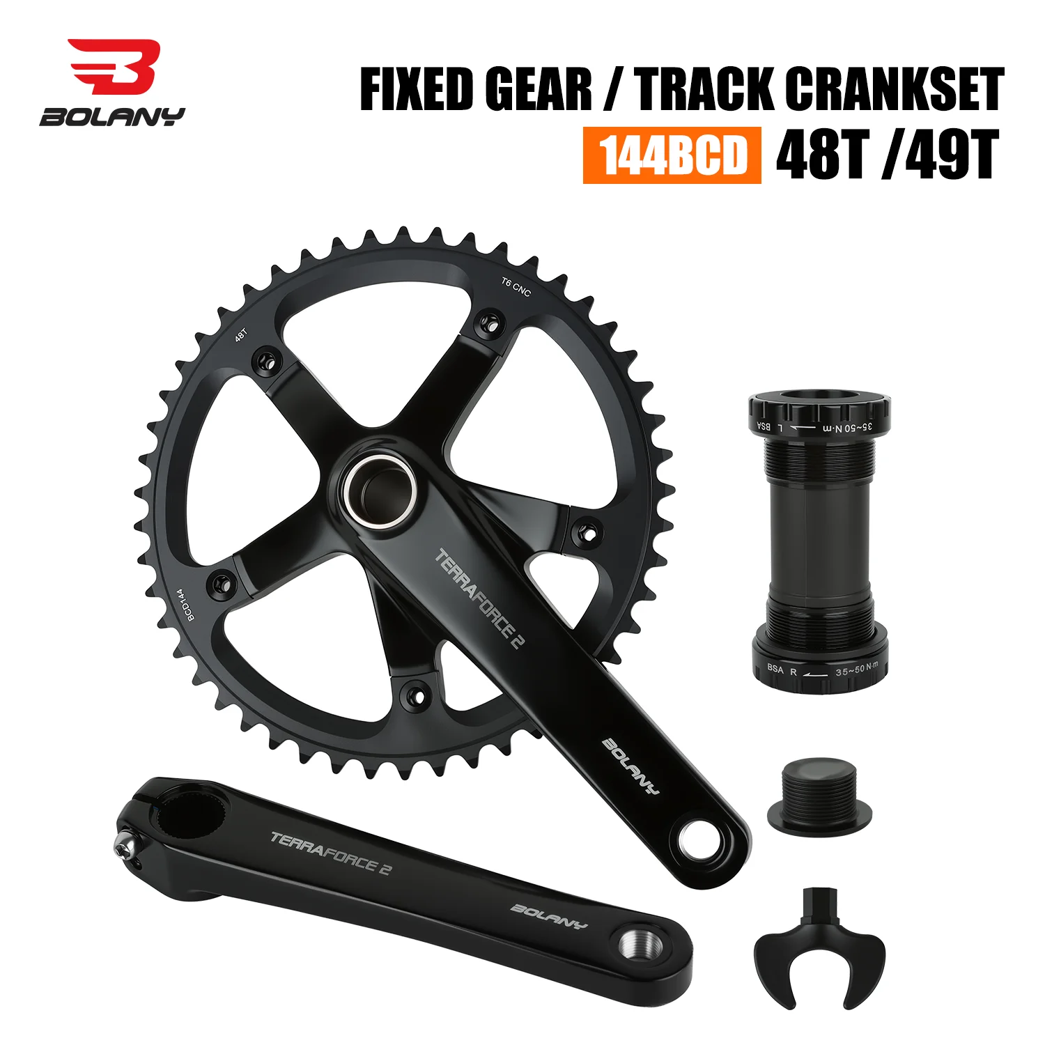 

BOLANY Track Bicycle 1x Crankset Hollowed 144 BCD 48T 49T 6061 Aluminum Alloy Threaded BB Fixed Gear Bikes 165mm Chain Wheel