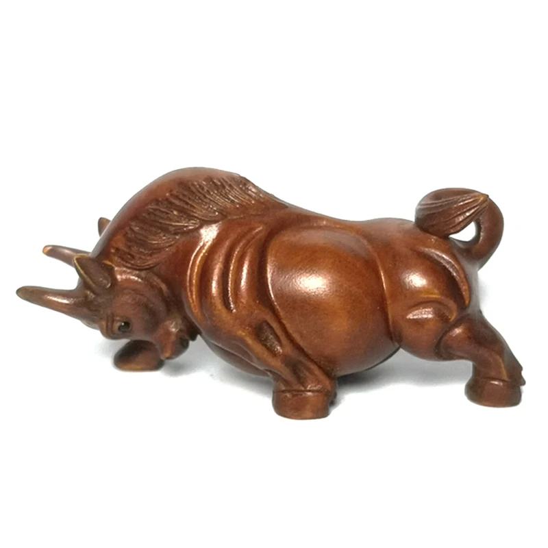 YIZHU CULTUER ART Size 7.5 cm Old Chinese Boxwood Wood Hand carved wealth ox Figurine statue Netsuke Decoration Collection