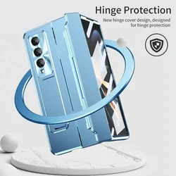 For Samsung Galaxy Z Fold 7 6 5 4 3 5G Case Plating Flat Hinge Bracket Protect Case Shockproof Tempered Film Cover For Z Fold7