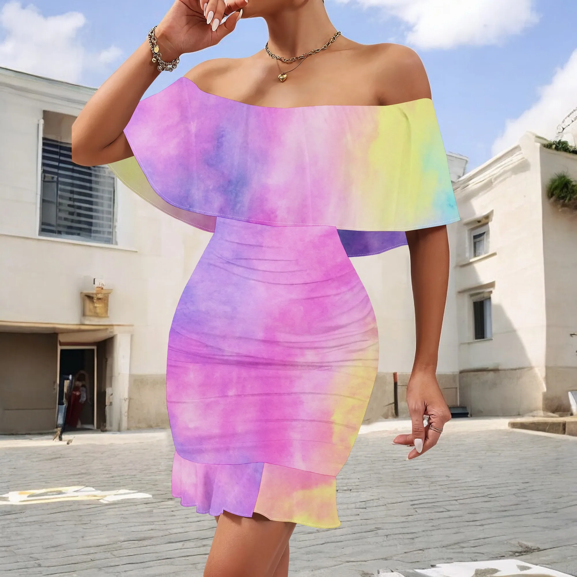 

Women's Tie Dye Off Shoulder Mini Dress Summer Pastel Ombre Bodycon Ruched Club Party Vacation Short Dress