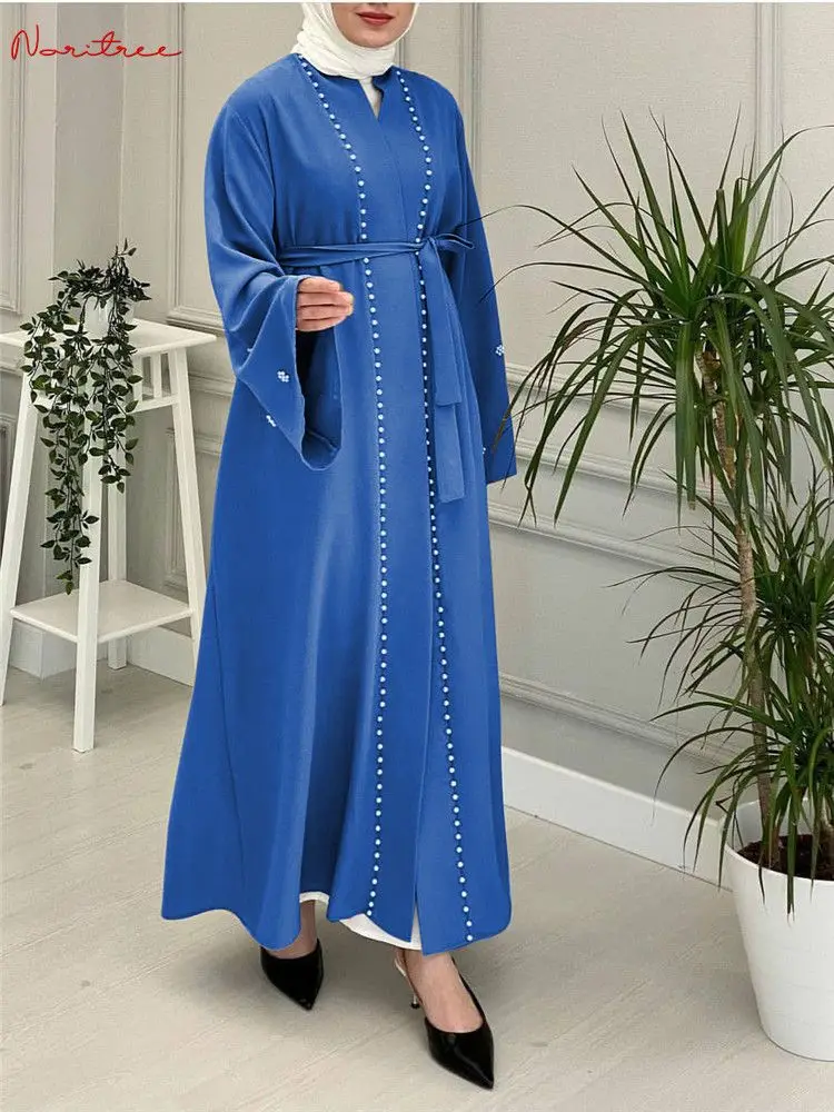 

Hot Sale Hand Made Pearls Beading Muslim Abaya Elegant Pure Color Long Muslim Abayas Women Modest Wear Clothing EID Robes WY004