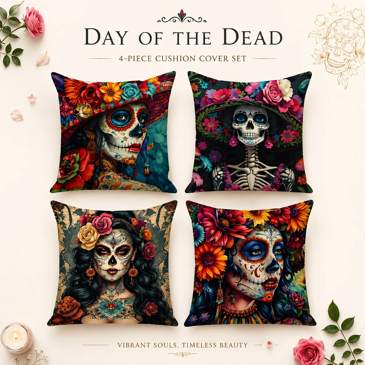 

4 PCS Day Of The Dead Pillow Covers 2D Flat Printed Peach Skin Cushion Covers Room Decor Coussin For Halloween Party Sofa Bed