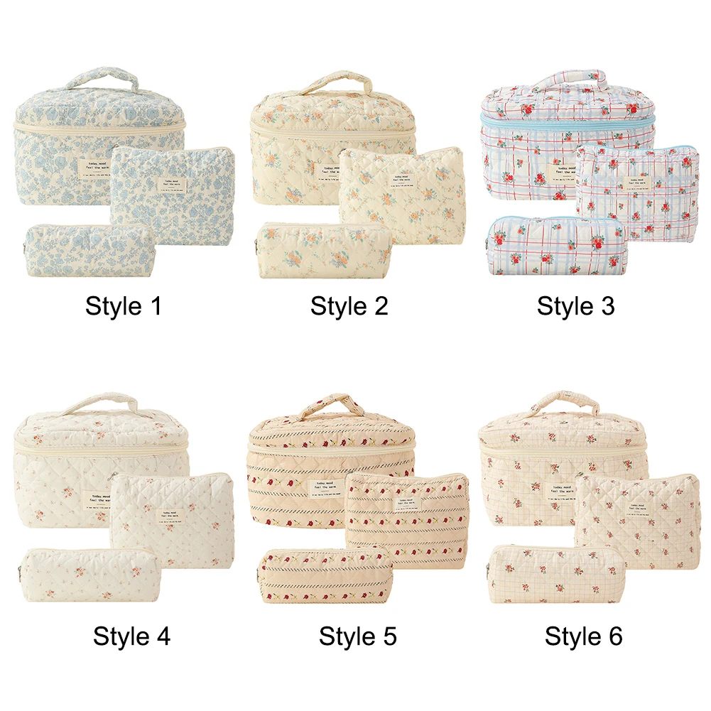 

3Pcs Floral Cosmetic Bag Printed Women Padded Organizer Bag Large Capacity Zipper Closure Girls Cotton Storage Bag Set