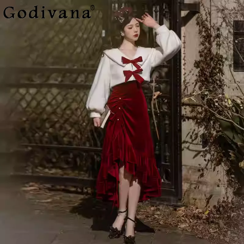 

Autumn Winter Lolita Sweet V-neck High Waist A-line Jsk Suspender Fishtail Dress Fashion Age-reducing Long-sleeved Bow Jacket