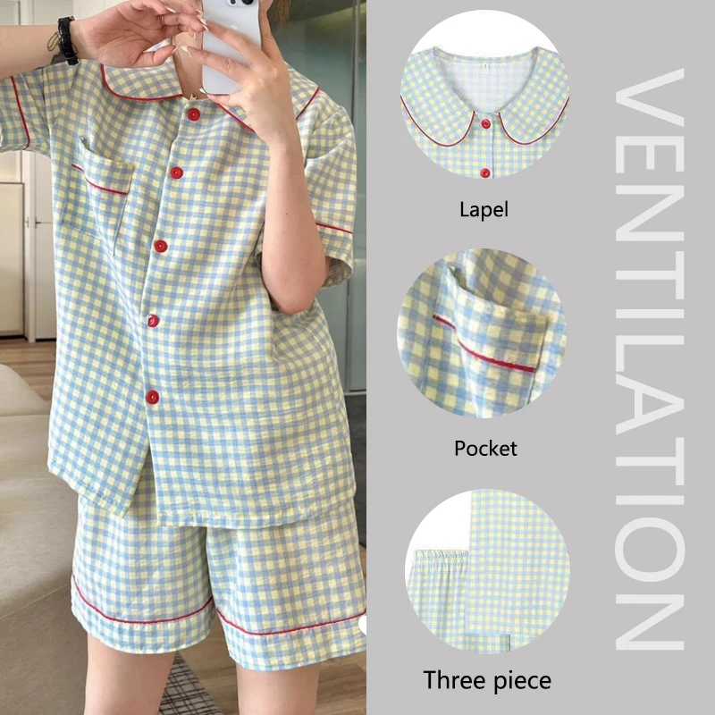 Three-Piece Set Ladies Pajamas Set Short-Sleeved Plaid Senior Sense Cardigan Home Wear Simple Christmas Girl Sleepwear Winter