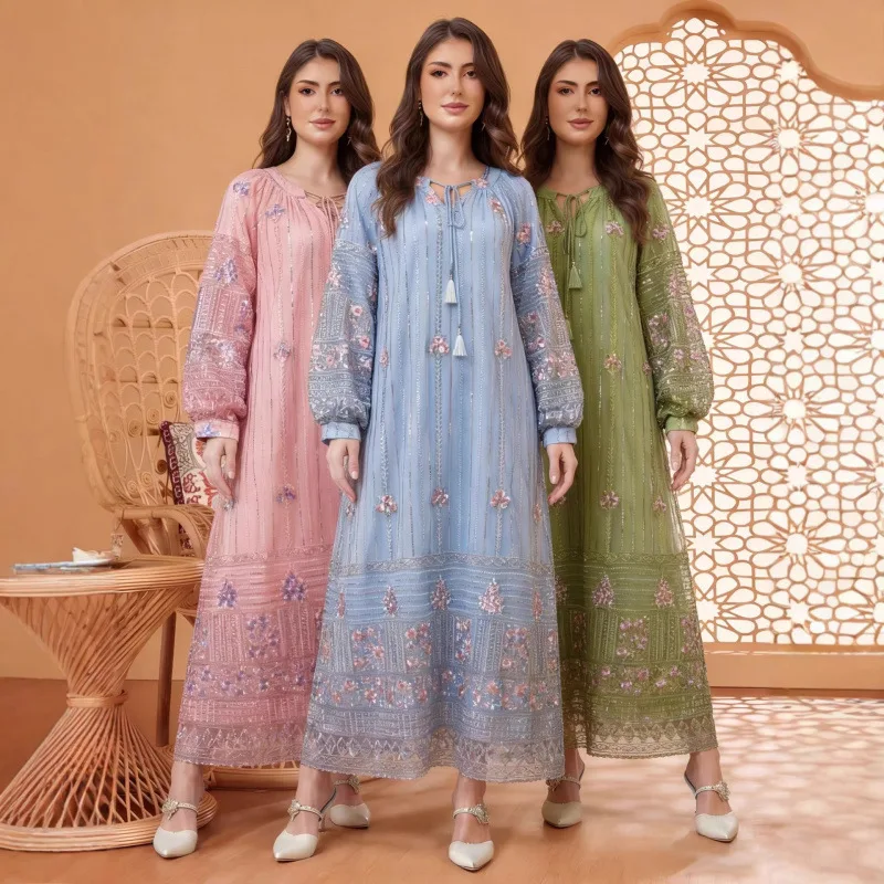 

Женское платье-абайя, кафтан, праздничные мусульманские платья для Ид, с бахромой, джалабия, исламские абайи для Рамадана, Марокко, Дубай, арабская длинная роба