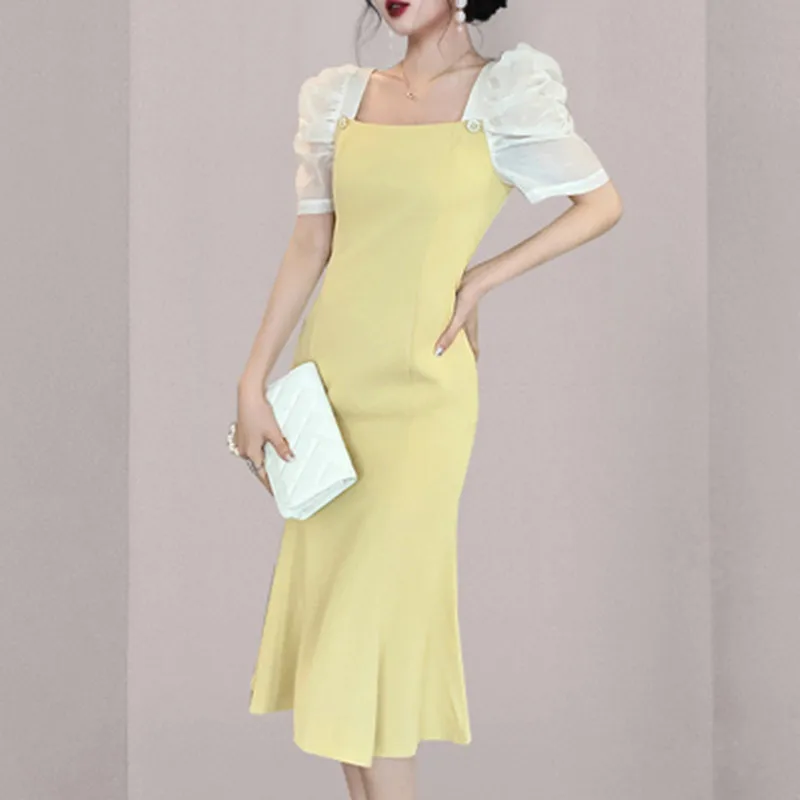 

New Designer Fashion Runway Party Dress Summer Women Square Neck Puff Sleeve Temperament Slim Fishtail Dress Vestidos