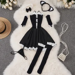 Sweet Cute Black Night Dress Ruffle Cake Lolita Princess Dress Hollow Strapless Evening Dress Nightgown Cosplay Sexy Pajama