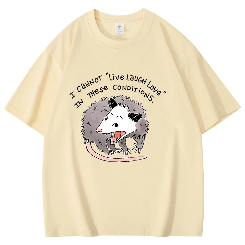 Manic Looking Opossum Print Cotton T-shirt Live Laugh Love Letter Print Loose Short Sleeve Harajuku Casual Tops Women Men Shirt