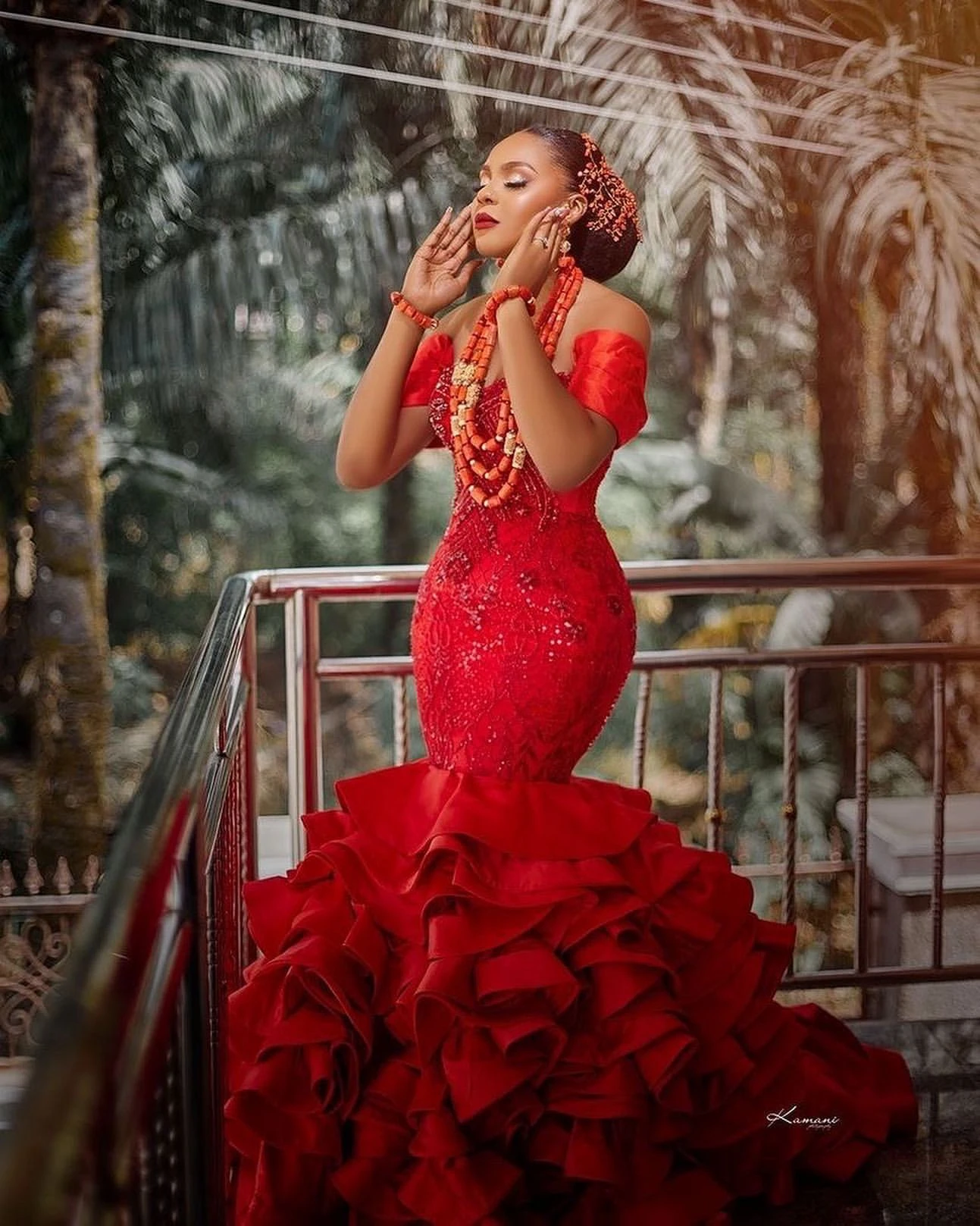 Luxo vermelho sereia aso ebi vestidos de casamento bellanaija estilo boné mangas flouncing longo trem babados feminino vestidos de baile