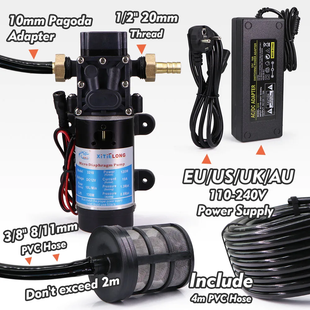 120W Electric Diaphragm Pump W/ 110-240V Power Supply Garden Agriculture Irrigation Watering Powerful Pressure Self-priming Pump