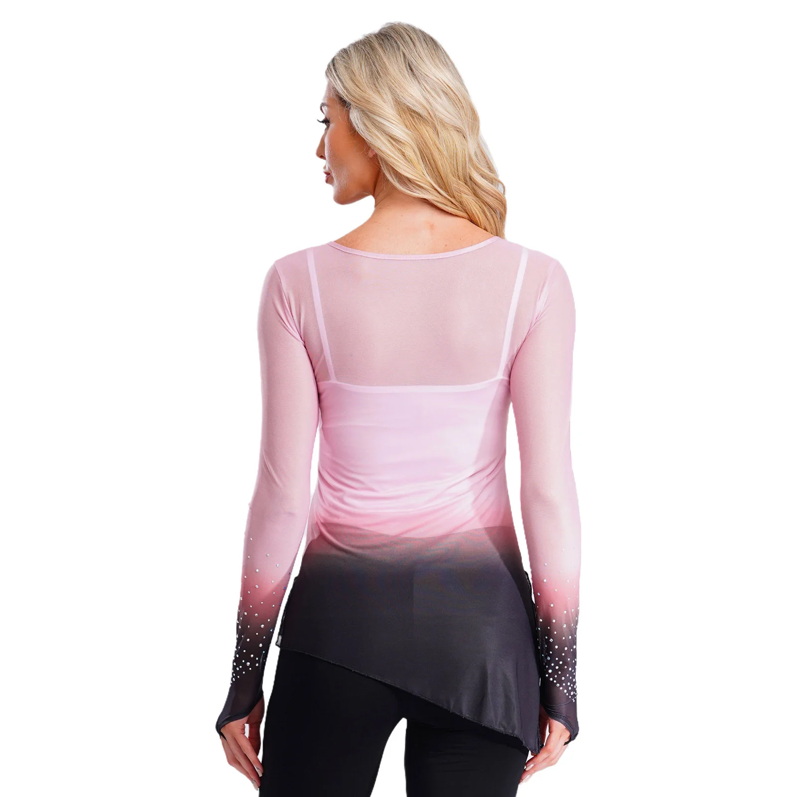 زي أداء ممارسة الرقص الكلاسيكي للسيدات للبالغين بأكمام طويلة وأحجار الراين اللامعة المتدرجة بقماش شفاف ملابس لليوجا