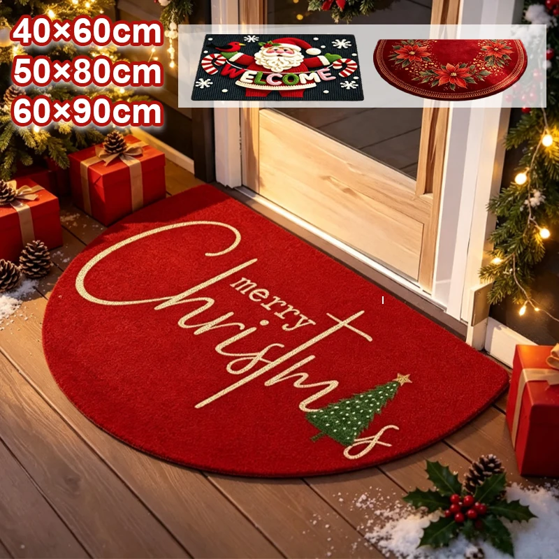 Christmas Front Door Mat Non‑Slip Semicircular Entryway Rug HD Print Festive Floor Mat for Indoor Porch Entrance Bedroom Decor