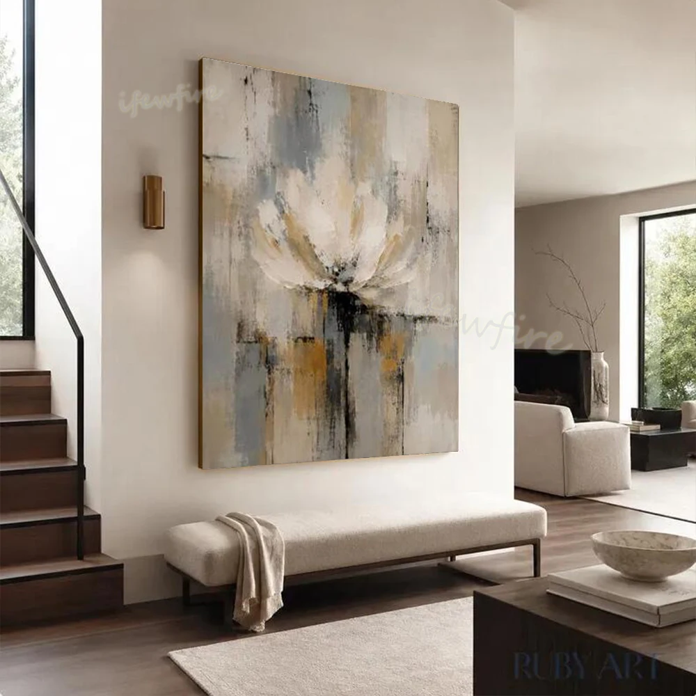 Modern Gift Abstract Oil Painting on Canvas 100% Handmade Unique Lotus Mural Flower Wall Art Picture for Living Room Decor Image