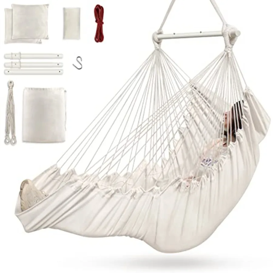 

Outerman Hammock Chair Hanging Chair with 3 Cushions and Feet Rest Support Sturdy Metal Spreader Bar Max 440 Lbs Swing Chair fo