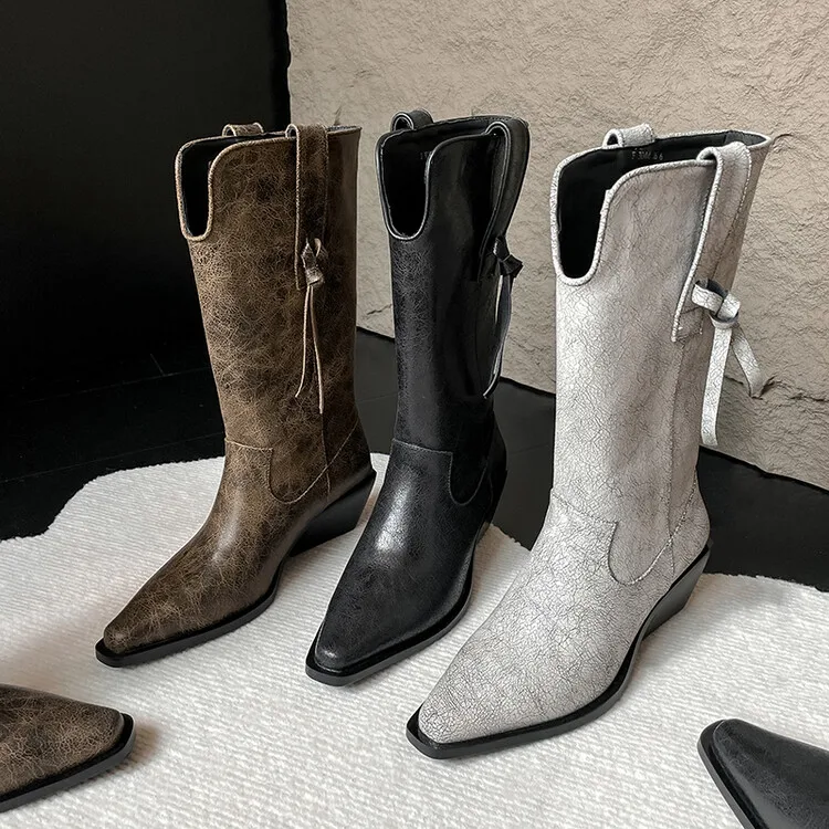 

Fashion Cowboy Boots Slip On Casual Autumn Lady Riding Botas 5cm Black Square High Heels Women Western Botines Sapatos De Mujer