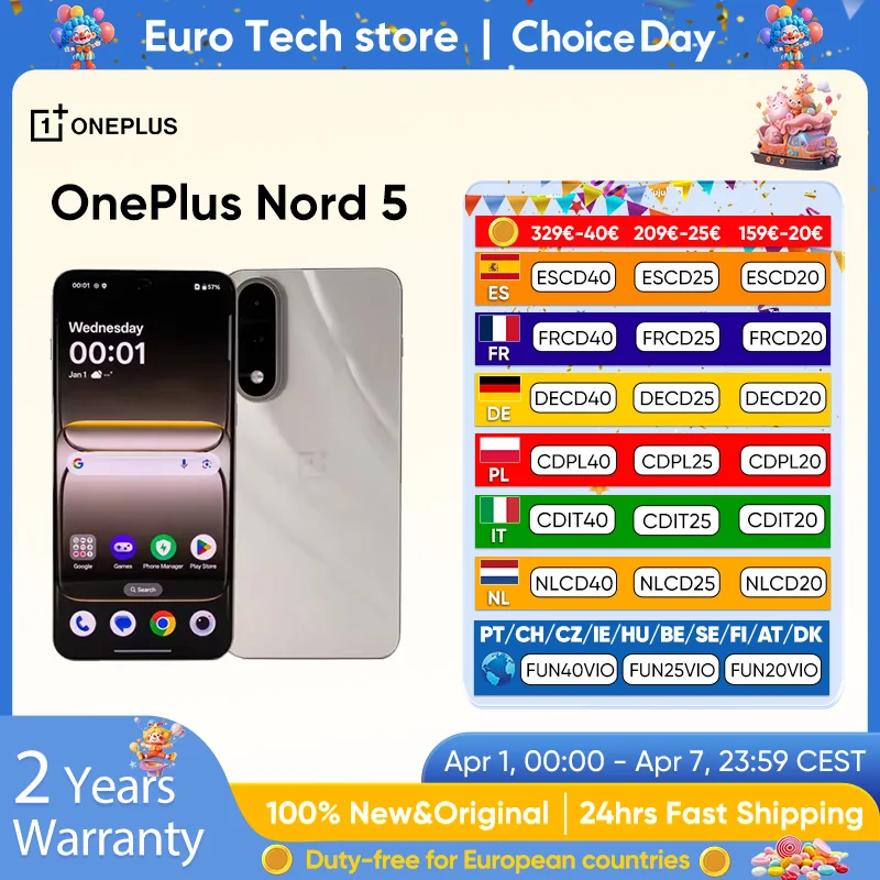 OnePlus Nord 5 Smartphone 5G Snapdragon 8s Gen 3 Pantalla AMOLED de 6,83” 144 Hz 5200mAh 80W SUPERVOOC Carga 50MP Cámaras duales