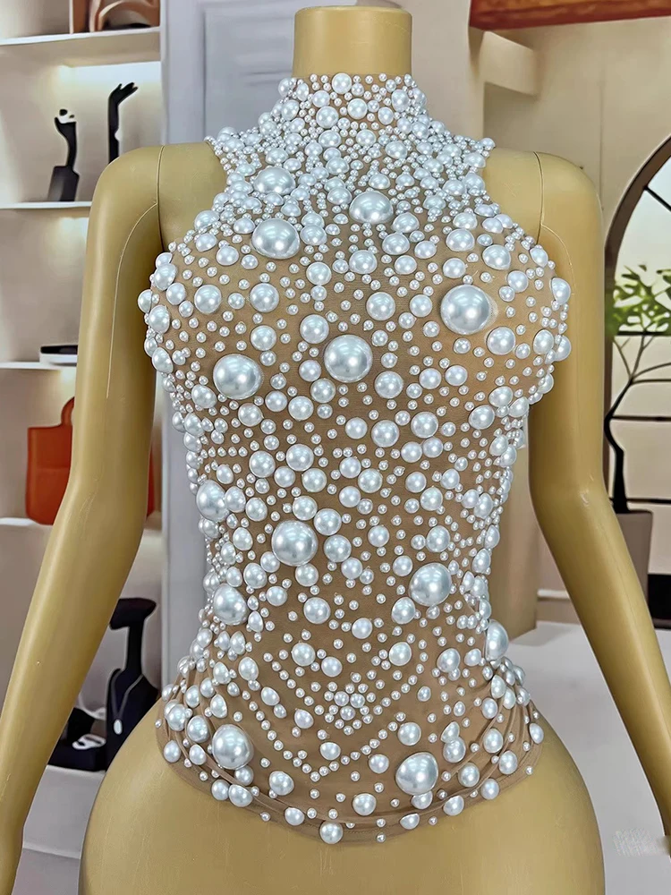 Wysokiej jakości seksowna bluzka z siateczki z gorącymi koralikami, na ramiączkach, z dekoltem typu halter, nowa modna odzież damska na zamówienie 2025