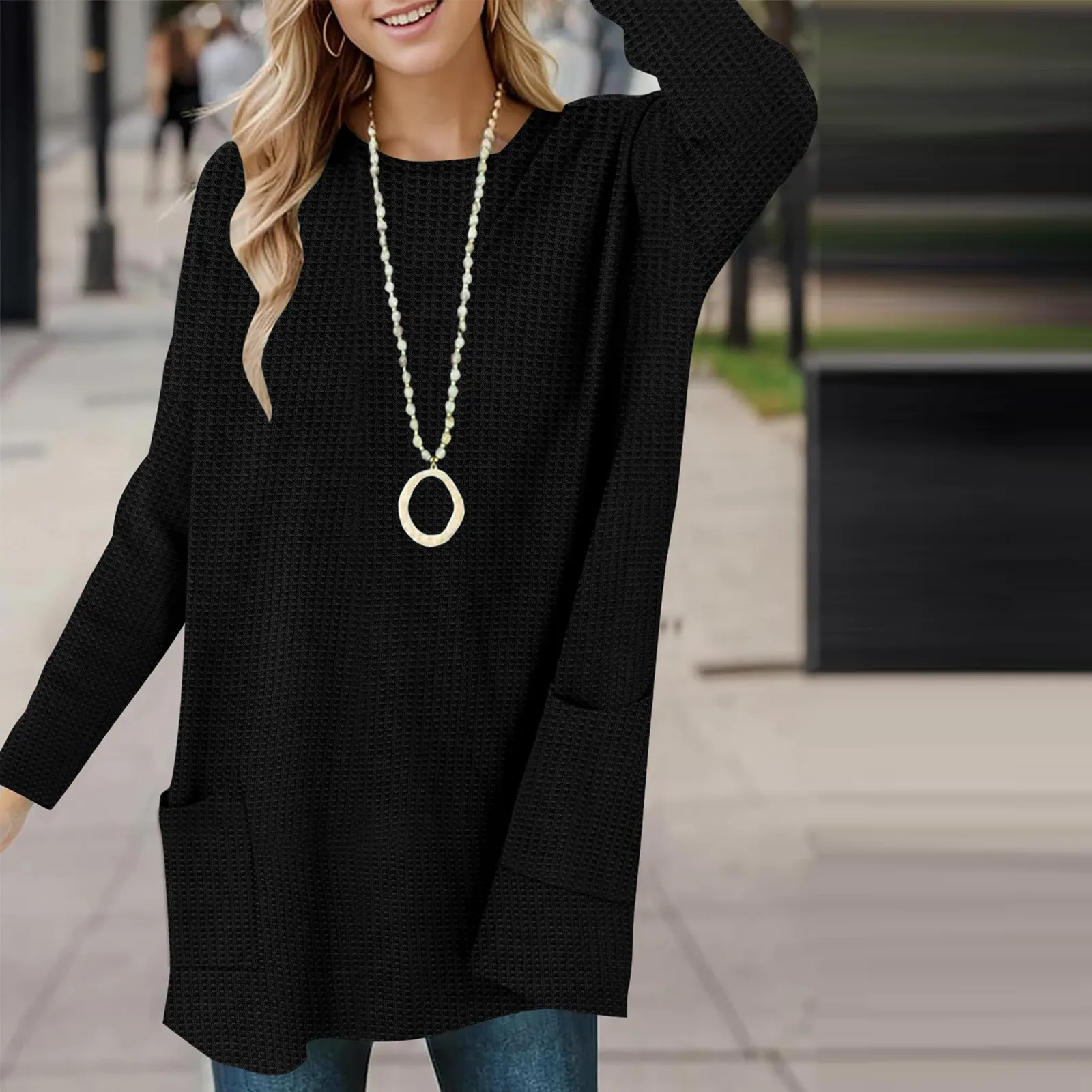 

Women'S Fashion Round Neck Pocket Mid-Length Casual Solid Color Long Sleeve Top Female Women Y2k Clothes Roupas Femininas New