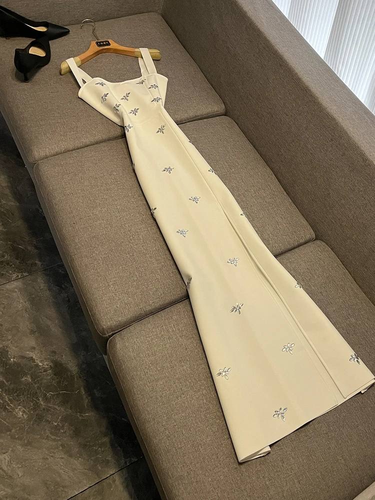 

Сексуальная Spicy Girl Date Night Strap Split Glue Diamond Long Dr White Red Fi Tail Skirt Sle No Brand Elastic Waist Svel