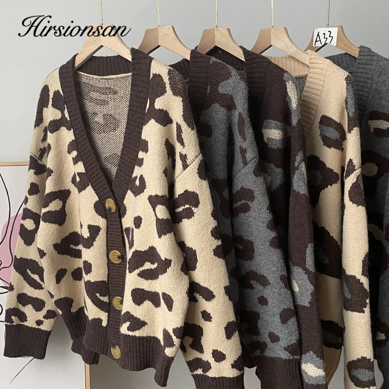 Hirsionsan Soft Knitted Leopard Cardigan Women 2023 Autumn New V Neck Y2k Crop Female Sweater Oversized Warm Ladies Clothes