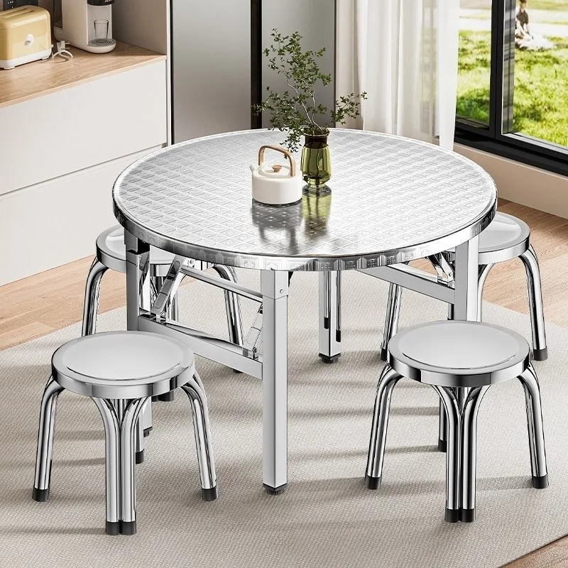 Thickened stainless steel folding round table outdoor rental room barbecue canteen convenient table