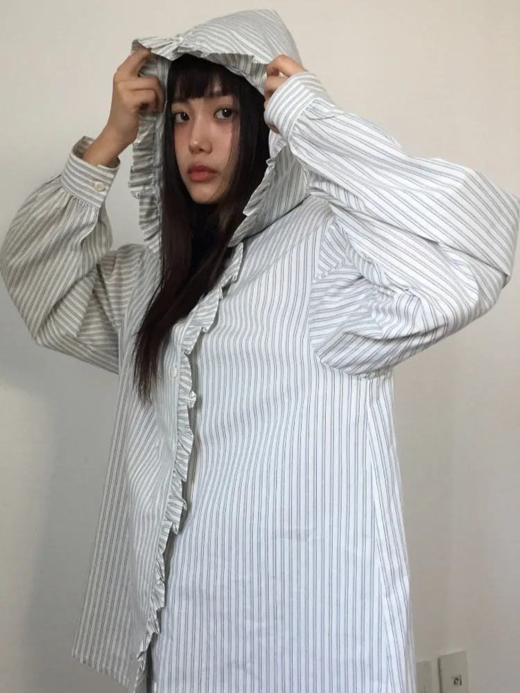 

Anti-Aging Ear Musoom Ruffle Hooded irt Jaet Women's Faion Double Button Loose Striped Sun Protection Top