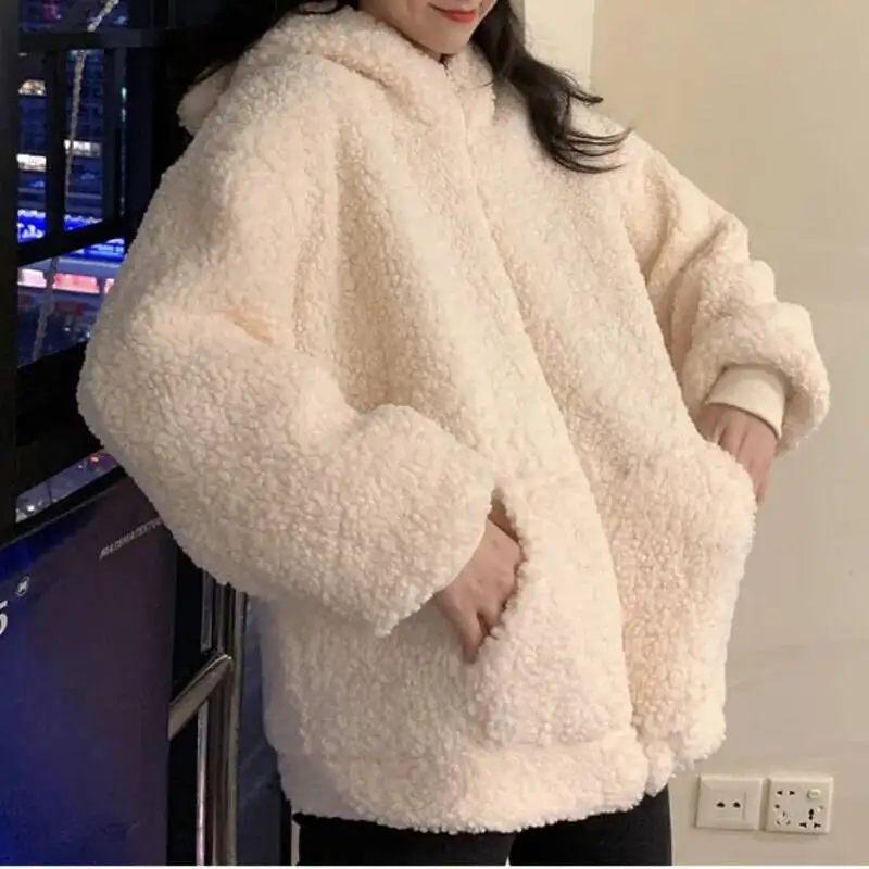 Autumn Winter Women Avocado Color Zip-up Sweatshirt Kawaii Fleece Faux Fur Long Sleeve Hooded Teddy Bear Ears Soft Hoodies