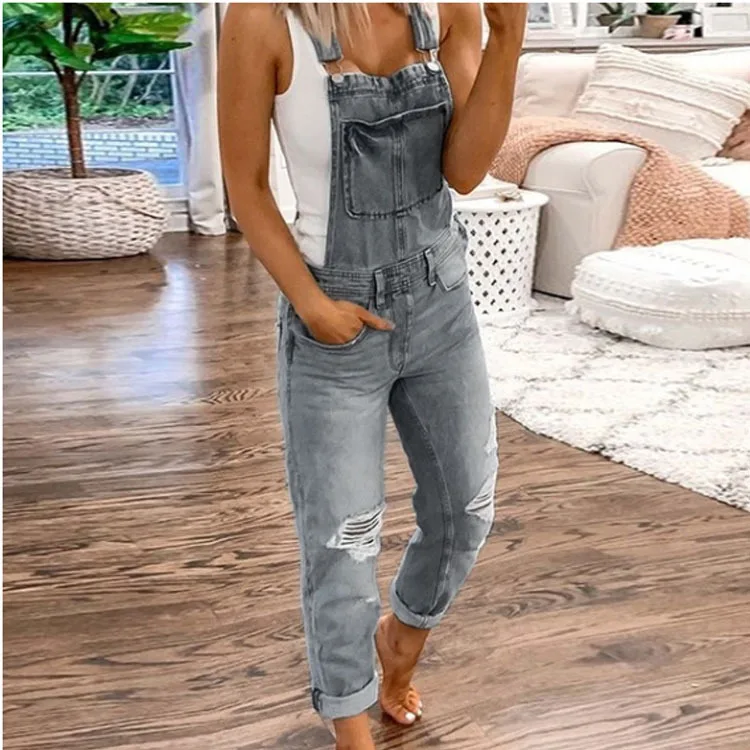 Ready in Stock in Seconds Independent Station European American Women Overalls Ripped Holes Washed Slim Jumpsuit Overalls Pants