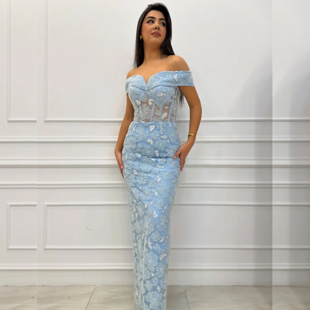 

Customized Classic Exquisite Jersey Sequined Flower Straight Off-the-shoulder Long Dresses Bespoke Occasion Sexy
