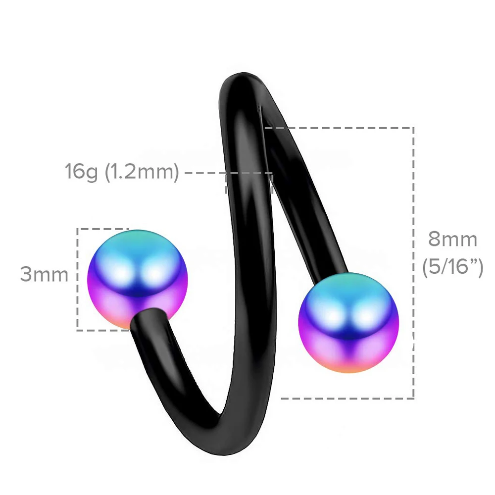 WKOUD 2PCS Black Rainbow Stainless Steel 16G Barbell Spiral Daith Helix Tragus Cartilage Piercing Twister Earrings