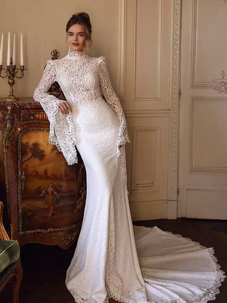 

Кружевное свадебное платье русалки по индивидуальному заказу с расклешенными рукавами и высоким воротом, свадебное платье из Саудовской Аравии, халат со шлейфом De Mariage