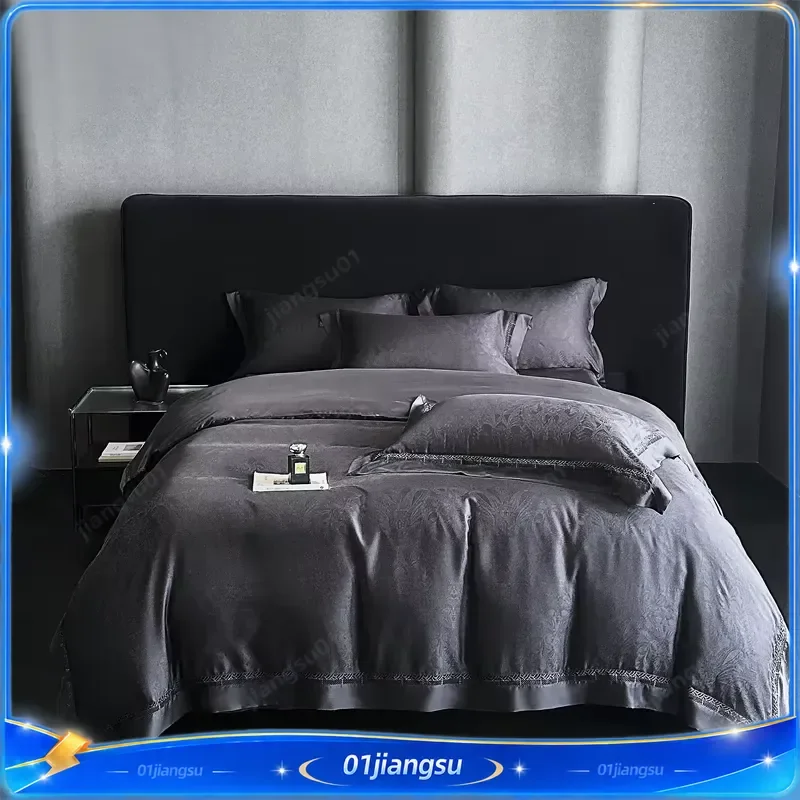 Luxury Charcoal Gray Jacquard Lyocell Bedding Set 4Pcs Silky Soft Duvet Cover with Lace Trim Queen King Size Bed Linen