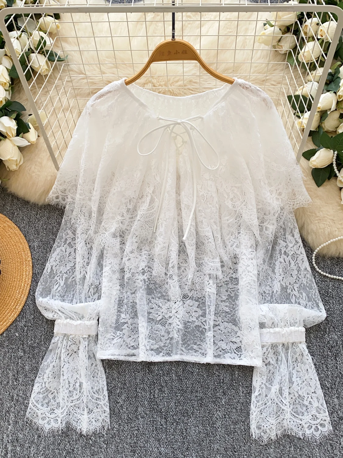 Süßes, sanftes SLE-Spitzenbesatz mit Gürtel, rund, Ne Bell Sve, dünnes Oberteil für Damen, Herbst-Außenabdeckung, irt, lockere Passform, atmungsaktiv