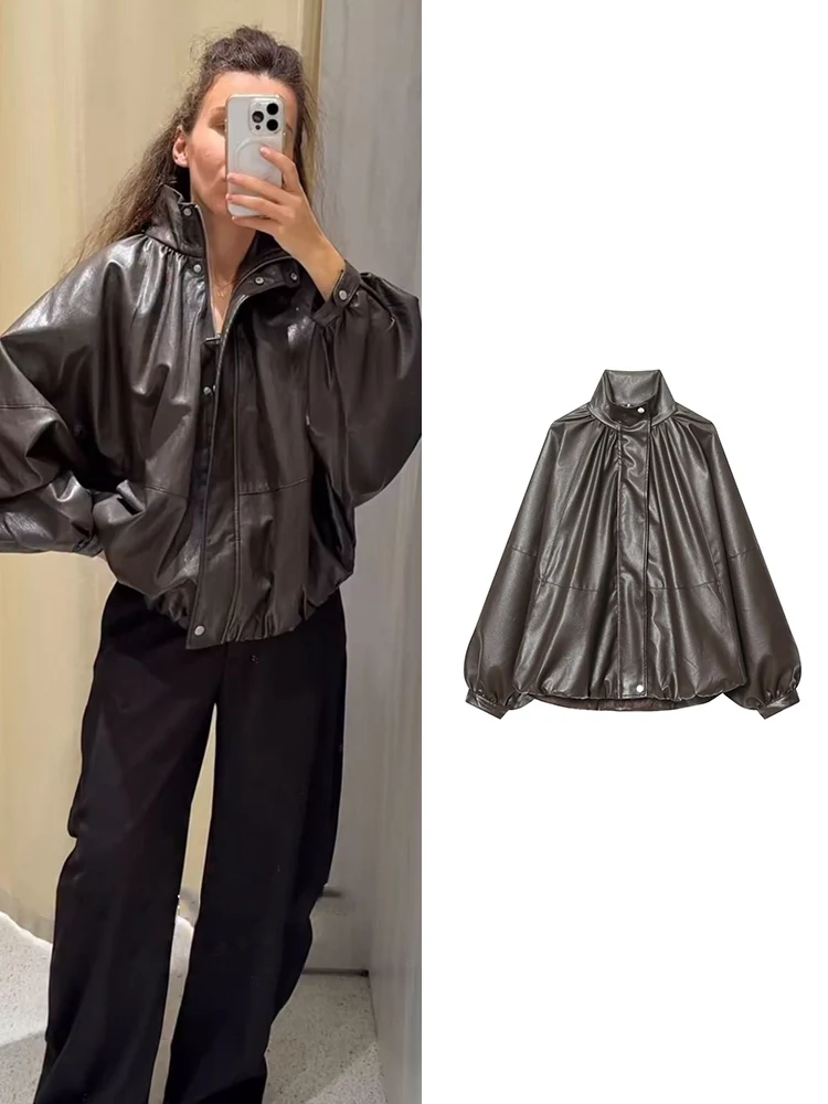 سترة نسائية من الجلد الصناعي من TFMLN بأكمام طويلة ملابس خارجية أنيقة عتيقة غير رسمية للشارع سترة فضفاضة بسحاب من البولي يوريثان