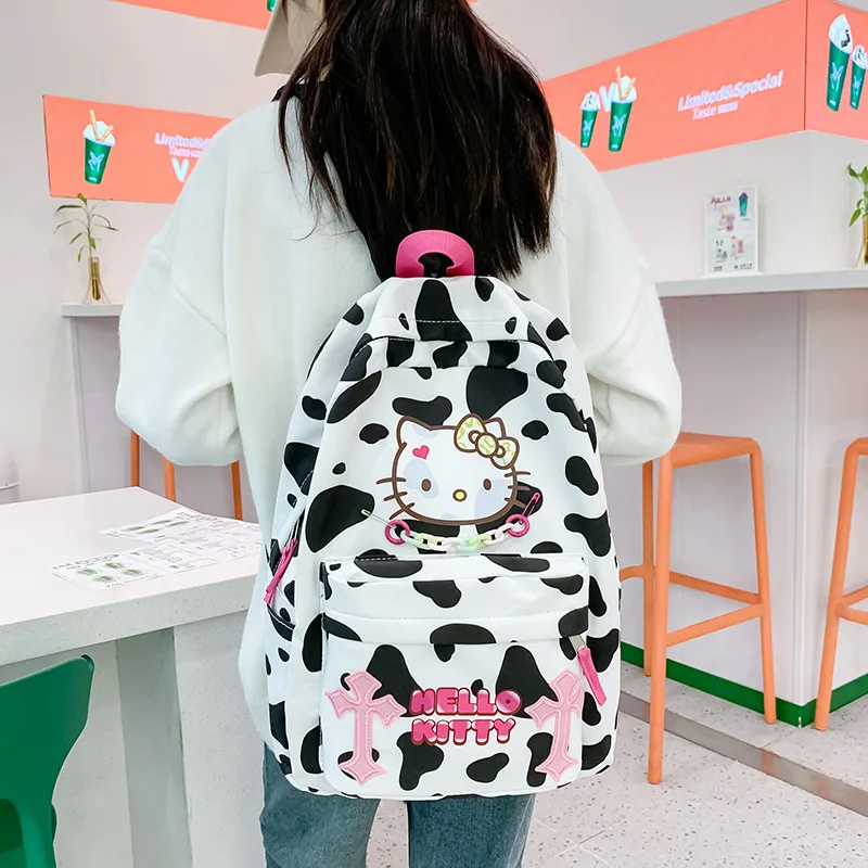 

Sanrio New Kawaii Hello Kitty Lightweight Large Capacity Backpack For High School Girl Simplicity Cow Pattern Shoulders Bag Gift