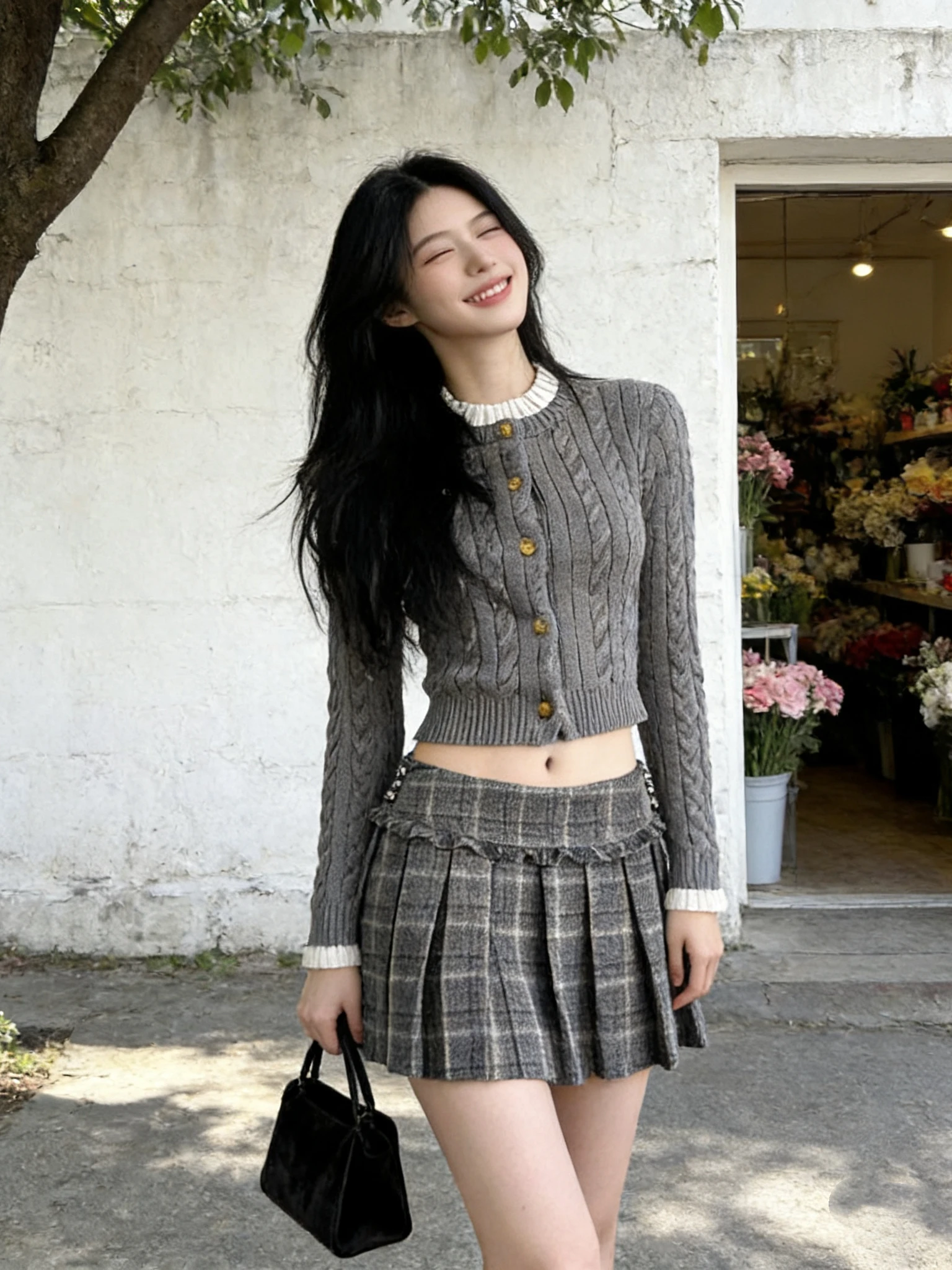 

ay Knitted Sweater Cardigan Lazy Design Plaid Pleated Skirt Slimming Two-Piece Set High Waist Winter Casual Faion Wo...