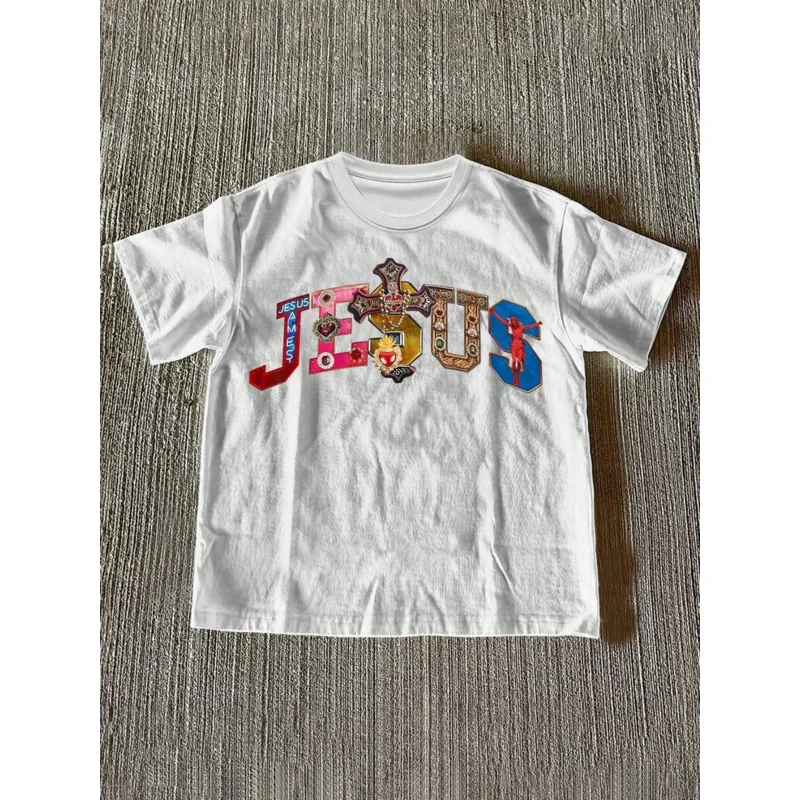 Women's High Quality Pure Cotton Short Sleeved T-shirt Multi-Color Gemstone Cross & Jesus Graphic Print Women Crew Neck T-Shirt