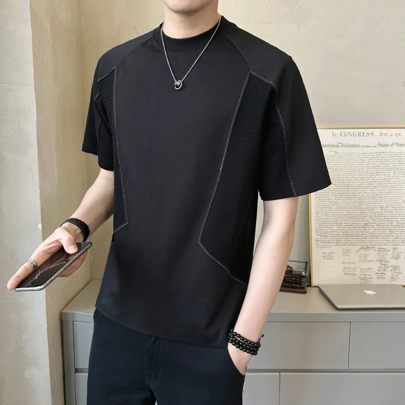 

Casual 2024 Summer Men's Cotton T-Shirts Hip Hop Streetwear Patchwork Tops Tees Outdoor Solid Color Loose Short Sleeve Tshirt