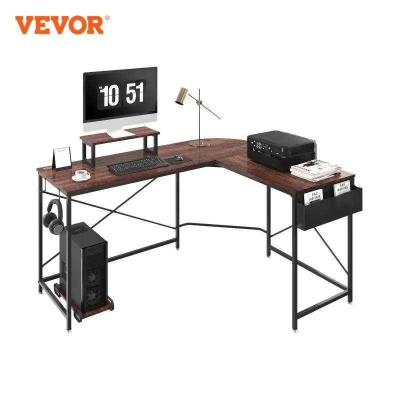 VEVOR L Shaped Computer Desk 59 inch Corner Desk with Storage Bag Monitor Riser and CPU Stand Home Office Work Desk Gaming Desk