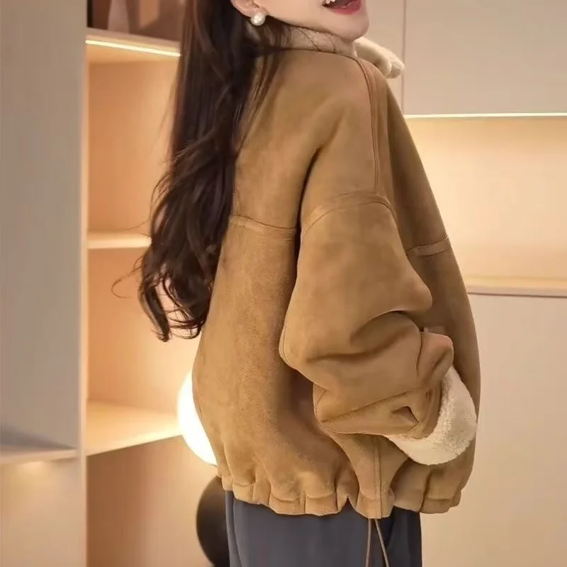 Damen-Ort-Thiened-Fce-Jacke aus gefüttertem Wildleder mit Fellbesatz, lässig, Herbst-Winter, neue Mode, schlichtes Oberteil