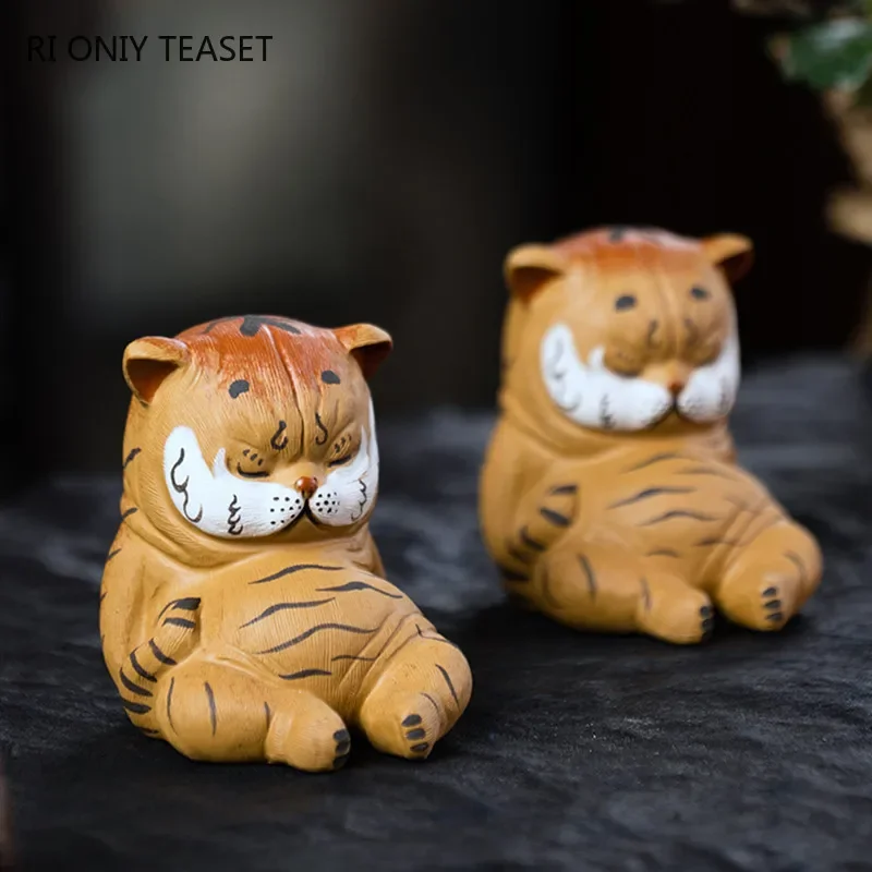 Yixing Handmade Sculpture Purple Clay Tea Pet Cute Tiger Statue Lucky Tea Figurine Ornaments Crafts Chinese Tea Set Decoration